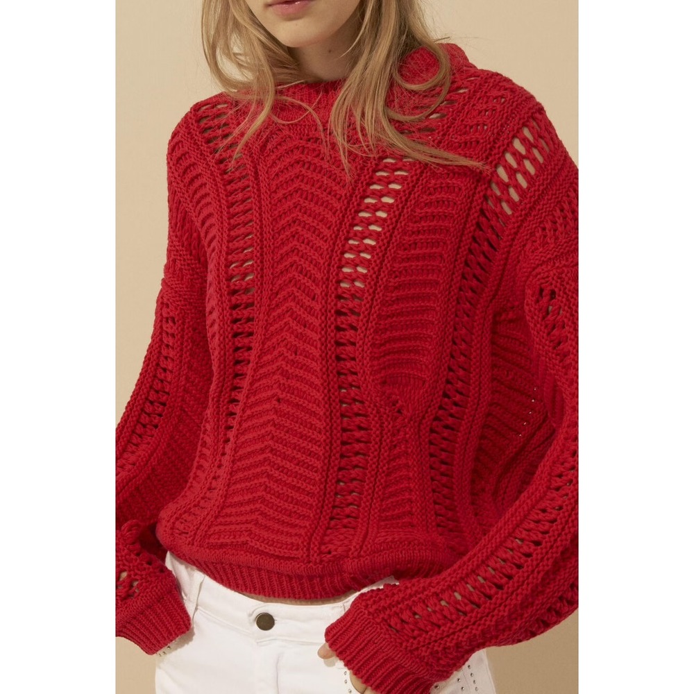 ba&sh Gramy Sweater Womens Medium Red Open Knit Cotton Pullover Made in Italy